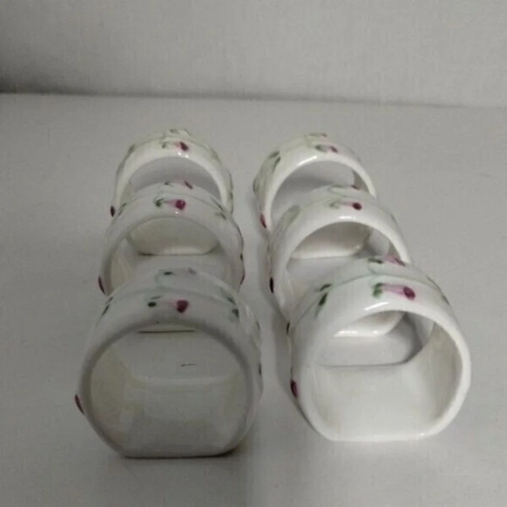 Vintage Porcelain Napkin Rings Set of 6 Hand Painted‎ Floral Made in Philippines
